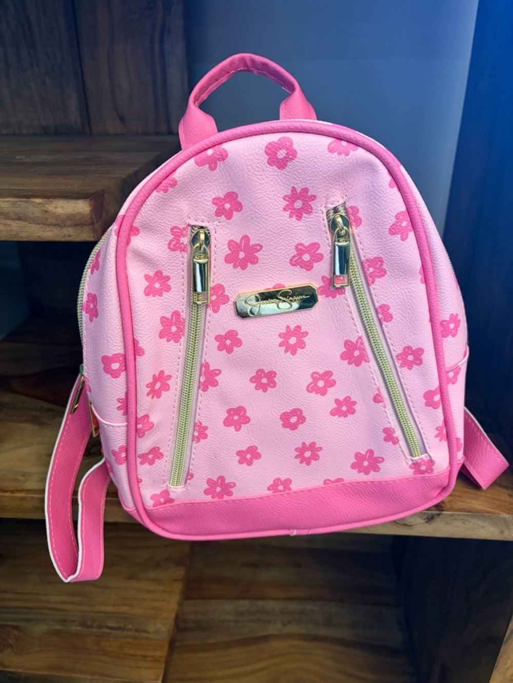 Jessica Simpson Pink Floral Mini Backpack with Gold Accents